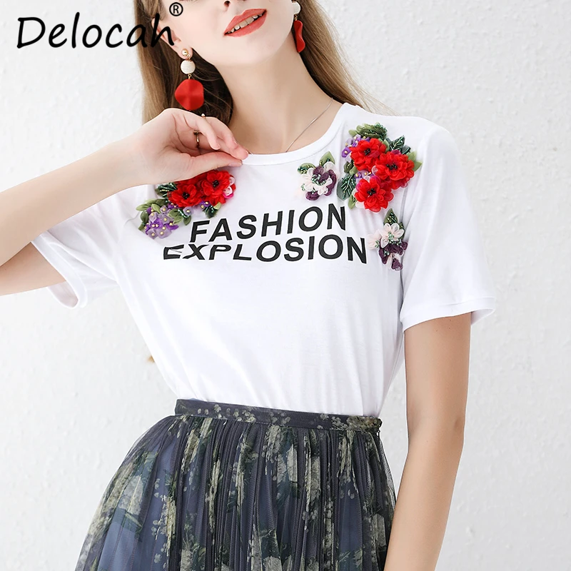 

Delocah 2019 Women Summer T Shirt Runway Fashion Designer Short Sleeve Flower Appliques Elegant Casual Cotton White Tops