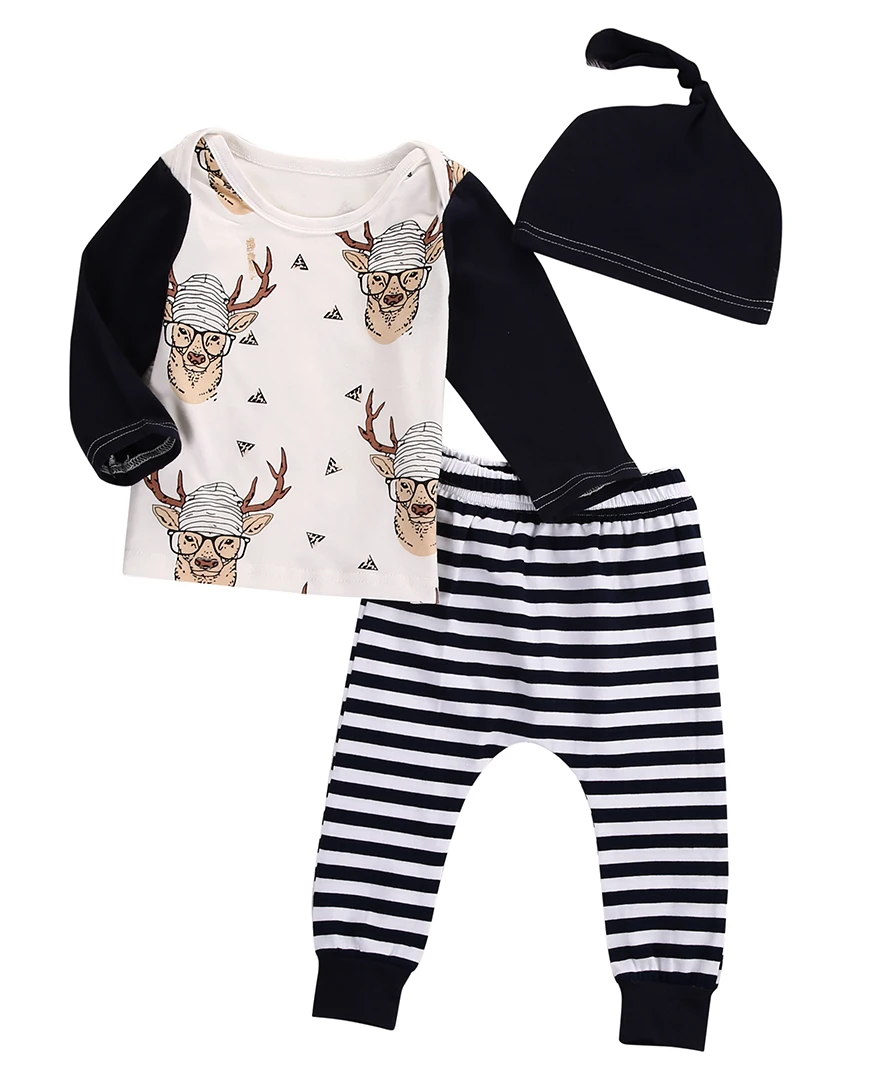 

2016 Autumn Newborn Baby Boy Girl Deer Long Sleeve T-shirt Tops+Striped Pant Leggings Hat 3pcs Outfits Set 0-18M