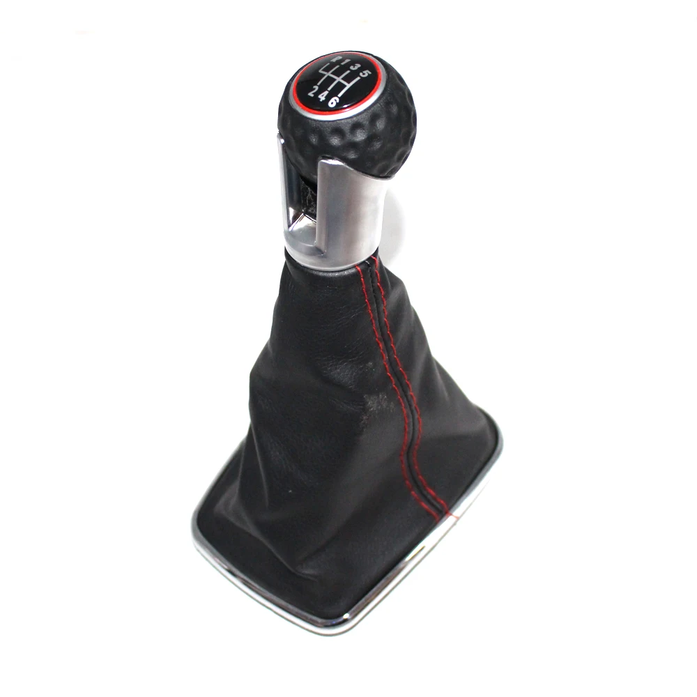 

For VW Bora MK4 Golf 4 Jetta 4 98-04 Car Gear Shift Knob with Chrome Frame Black Leather Red Thread Red Ring Cap 6 speed 12mm