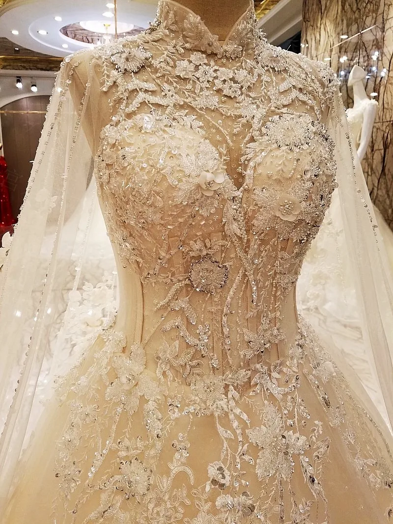 LS89036 свадебное платье с кружевомвысокой шеи длинный плащ элегантный кружева свадебное платье бальное платье кристалл свадебные платья с длинным хвостом реальных фотографий