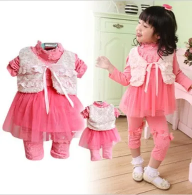 

lost money to clear girls princess lace vest+dress+pant 3pcs baby girl pant suit kids clothes sets girls vest suit set dresses