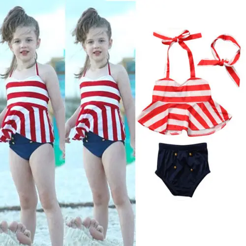 

New Baby Kids Girls Two-piece Swimsuit Little Girl Summer Swimwear Stripe Swimsuits Suit Tankini Set 0-4Y Swimming Clothing