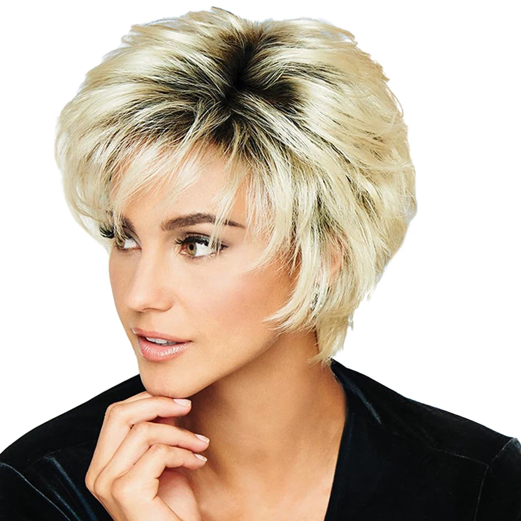 

Gradient Blonde Black Hair Wig Short Human Hair Wig Layered Hairstyle Natural Women Cosplay Costume Party Wear Heat Safe