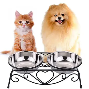

AsyPets Stainless Steel Double Bowl Set with Bracket for Pet Drinking Eating