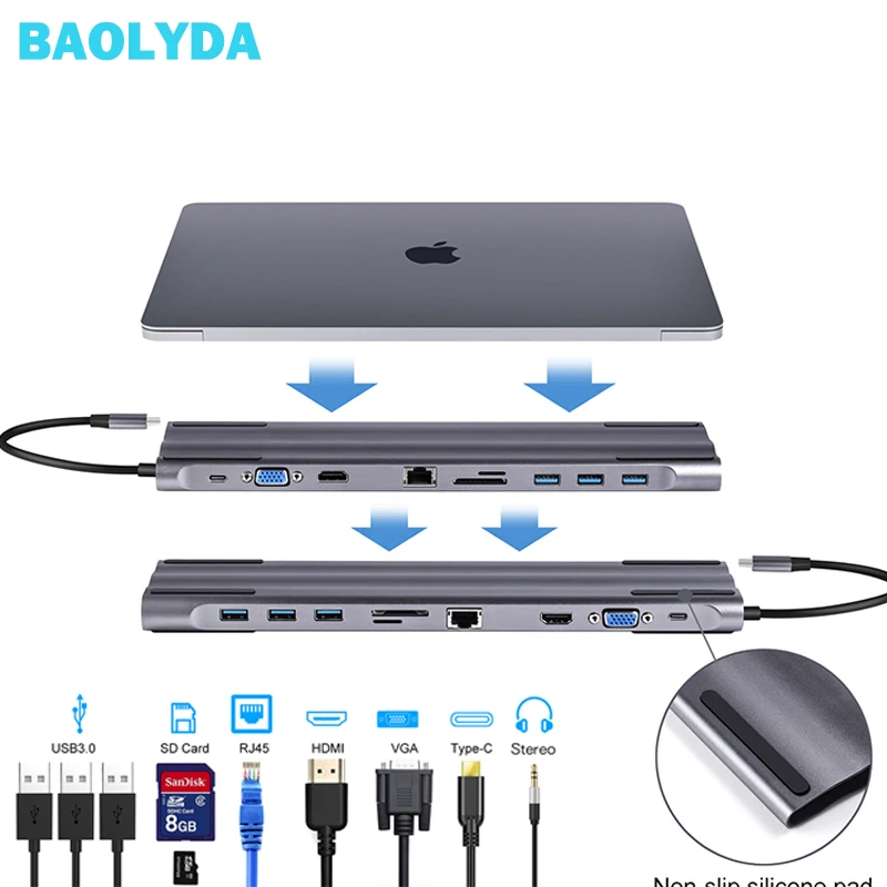 Baolyda usb-хаб 10 в 1 Thunderbolt 3 type C адаптер док-станция 3 USB 3,0 порт HDMI 1080P VGA RJ45 Gigabit Ethernet для Macbook Pro