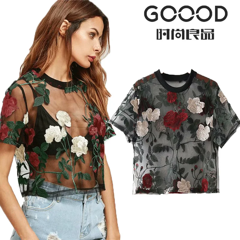 2019 New Harajuku Summer T-Shirt Women Short Sleeve Floarl Embroidery Sexy See-through black t-shirt summer vintage short top | Женская