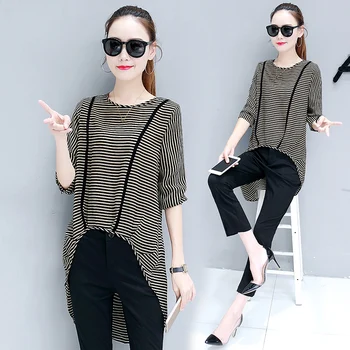 

korean fashion suits autumn wear irregular stripe print T-shirt black pants new women's clothing set two-piece outfit plus size