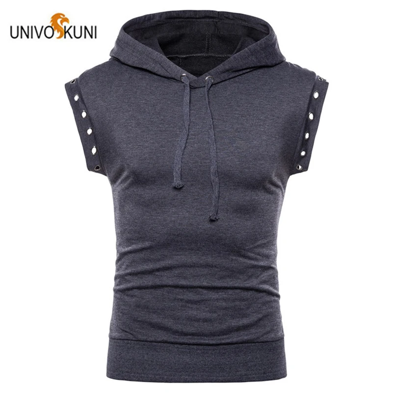 UNIVOS KUNI 2018 New Summer Fashion Braided Rope Hooded Sleeveless Men's T-Shirts Leisure Slim Pure Color Mannen T-shirts H69 | Мужская