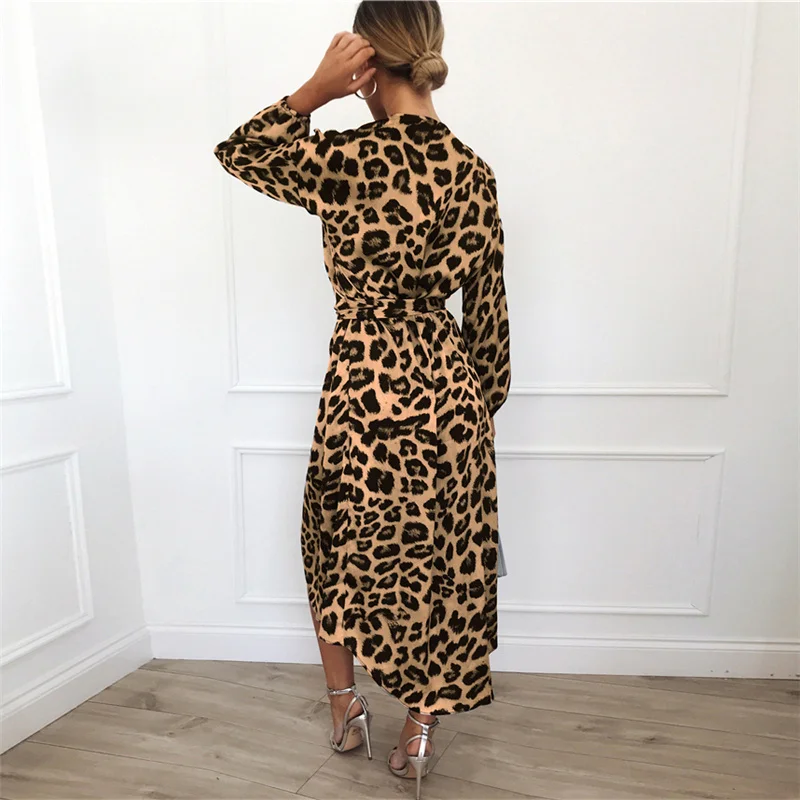 2019 Leopard Sashes Dress Women Chiffon Long Beach Dress Loose Long Sleeve V-neck A-line Sexy Party Dress Vestidos de fiesta XXL
