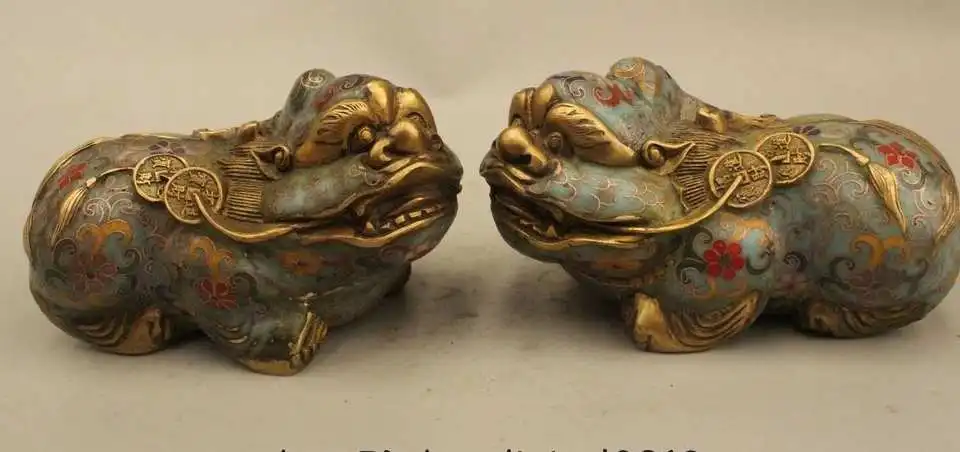 

4"Chinese Dynasty Palace Cloisonne Bronze Gild Money Animal Kylin Statue Pair