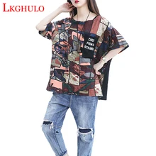 Lkghulo Для женщин из хлопка и льна, футболки для больших Размеры рисунок в виде надписи печати t-рубашка летняя модная повседневная женская обувь Топы Винтаж футболка A156