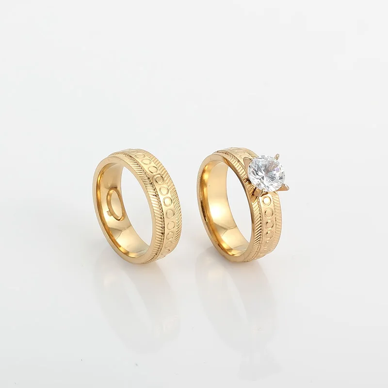 1 Pair Fashion Stainless Steel Wedding Engagement Band Rings Set For Women Gold Color CZ Couple Ring Trendy Jewelry (A1119)