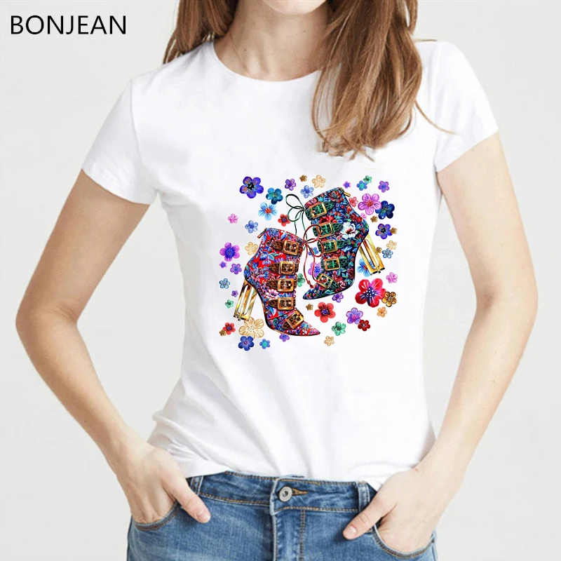 

2019 vogue t shirt women flowers high heel shoes printed tshirt femme vintage top female t-shirt summer shirt drop shipping