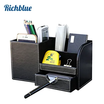 

Multi-Functional Desk Stationery Organizer Storage Boxes & Bin Wooden PU Leather Pen Holder Pencil Box Case Containers + Drawer