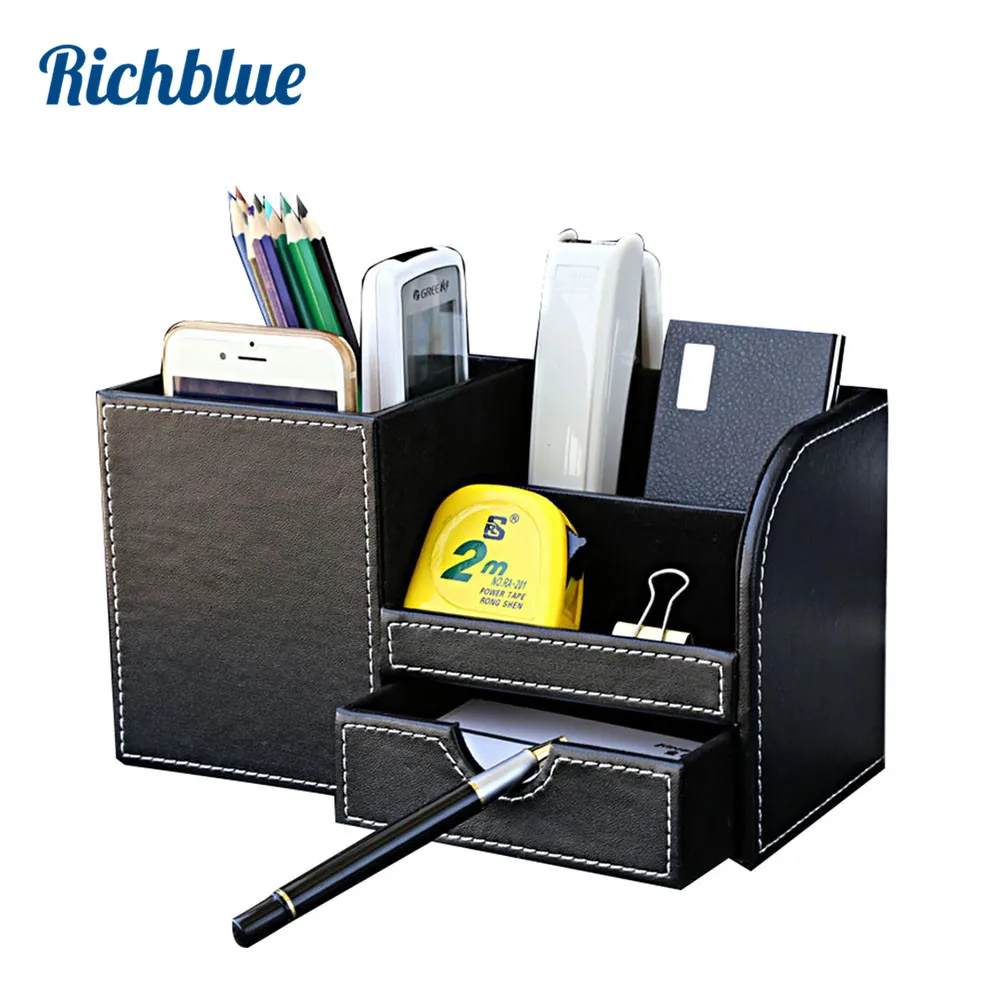 Multi-funcional mesa papelaria organizador caixas de armazenamento & bin de madeira plutônio couro caneta titular caixa de lápis caixa recipientes + gaveta