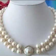 Прекрасных AAA 2 ряда 9-10 мм белый круглый Южное море Жемчужное ожерелье 18-1" слово mujer для женщин серебристо-ювелирные изделия