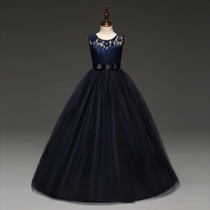 От 5 до 14 лет, детское платье для девочек на свадьбу, фатиновое кружевное длинное платье для девочек элегантное праздничное платье принцессы, торжественное платье для детей-подростков - Цвет: Dark Blue