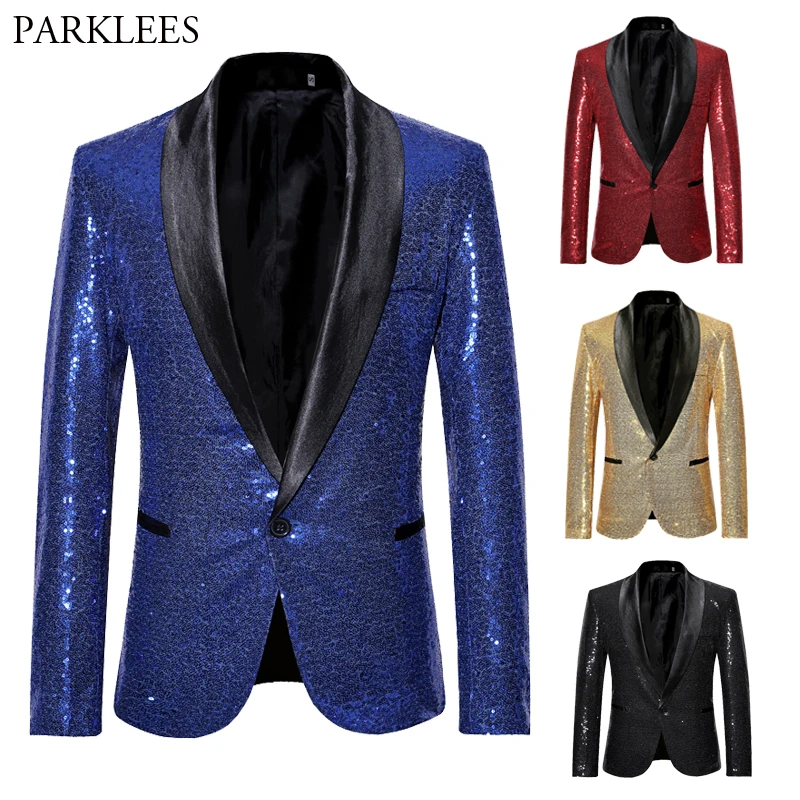 

Mens Royal Blue Bling Bling Glitter Embellished Suit Jacket One Button Shawl Collar Nightclub Prom DJ Rock and Roll Costumes Xxl