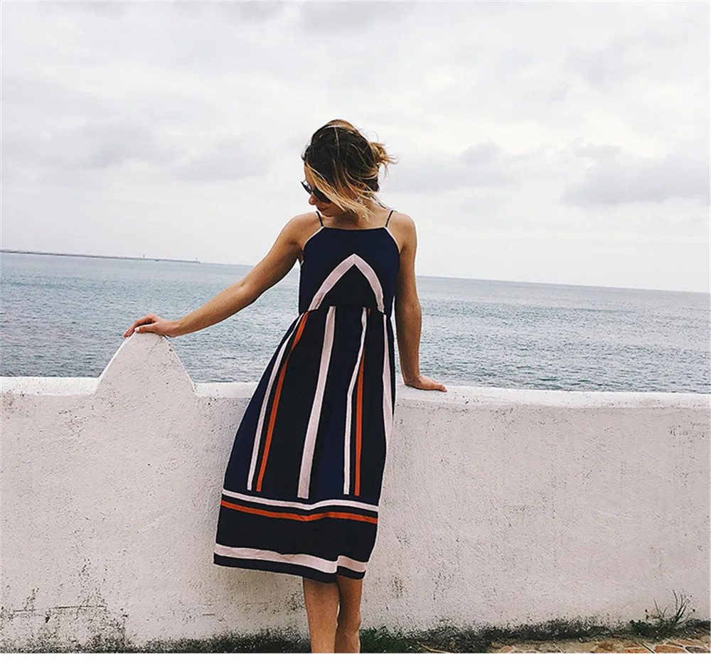 Patchwork Striped Vacation Dress Women Summer Sundress 2018 Elastic Waist Spaghetti Strap Midi Vestidos Mujer Sexy Beach Dress  (9)