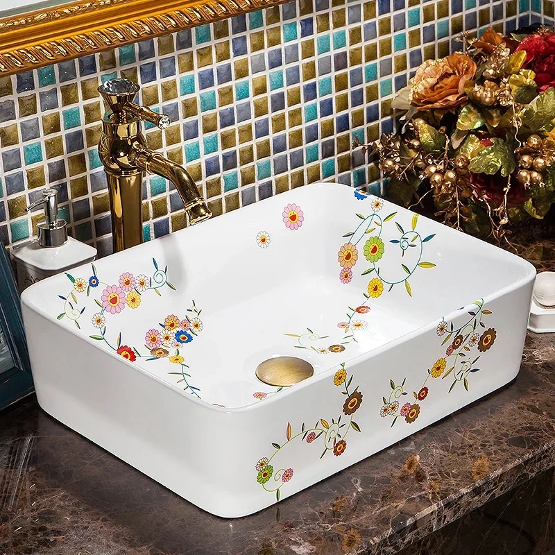 Rectangular shape rural flower painted beautiful ceramic wash sink in