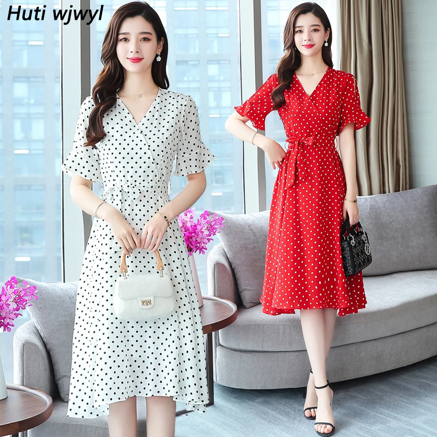 

2019 Femal Vintage Elegant White Dot Chiffon Boho Midi Dresses Summer Plus Size Solid Beach Sundress Women Bodycon Party Vestido