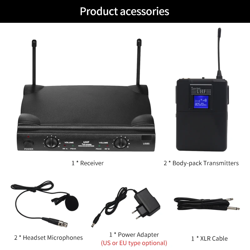 UHF двухсторонний цифровой UHF беспроводной микрофон с 2 передатчиками, 2 наушниками, 1 приемником, расстояние 120 м для караоке и речи