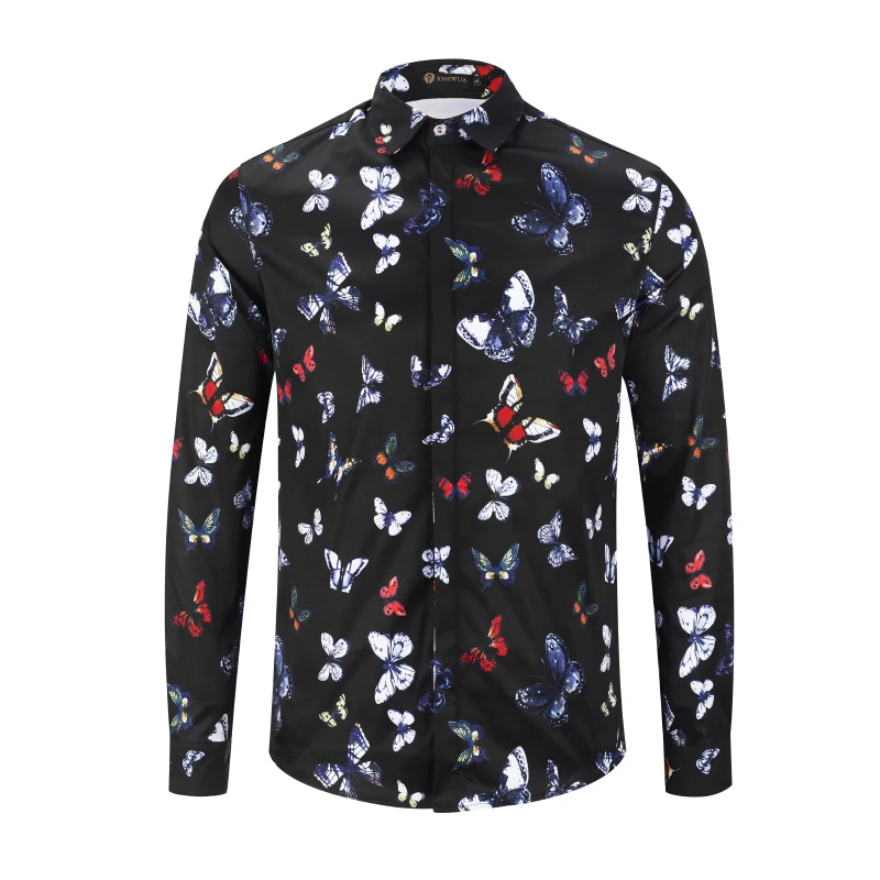 New Fashion Mens Shirt Long Sleeve Casual Slim Fit Hawaiian Shirts Beautiful Butterfly Print Covered Button Chemise Homme | Мужская