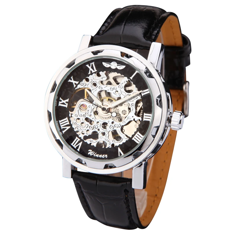 Men Watches Winner Luxury Mechanical Hand wind Skeleton black gold blue color leather band