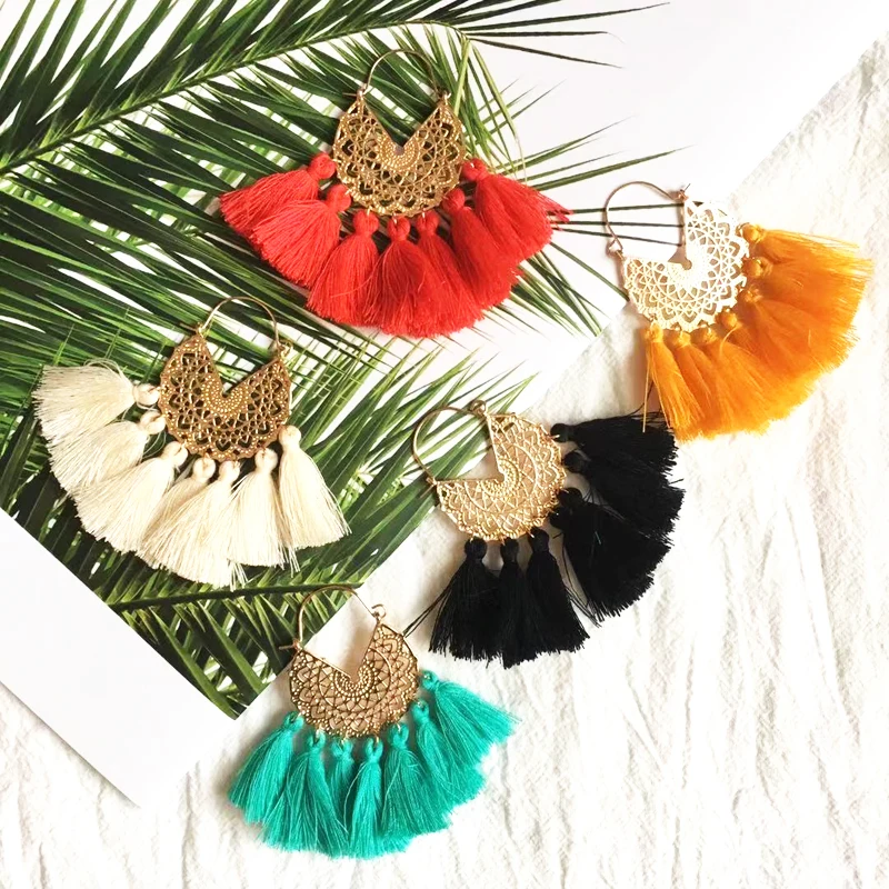

Coco&willow big tassel handmade ethnic hoop earrings, Mexican traditional feel like earrings, tribal boho earrings for wholesale