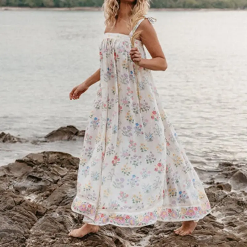 

Summer Sexy Strap Backless Floral Beach Dress Women Boho White Printed Robe Holdiay Ladies Romantic Sundress Split Maxi Dresses