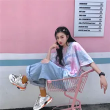 Tie Dye Gradient, большие размеры, свободные, более размера, модные, Harajuku, Женские топы с буквенным принтом, хип-хоп, короткий рукав, повседневная парная футболка