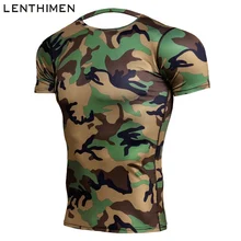 Новая камуфляжная Спортивная футболка с коротким рукавом, мужские компрессионные рубашки для бега, фитнес-колготки, спортивная одежда для тренировок, топ, Рашгард, мужские