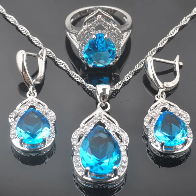 

FAHOYO Shining Sky Blue Zirconia Women's 925 Sterling Silver Jewelry Sets Earrings/Pendant/Necklace/Rings Free Shipping QZ0307