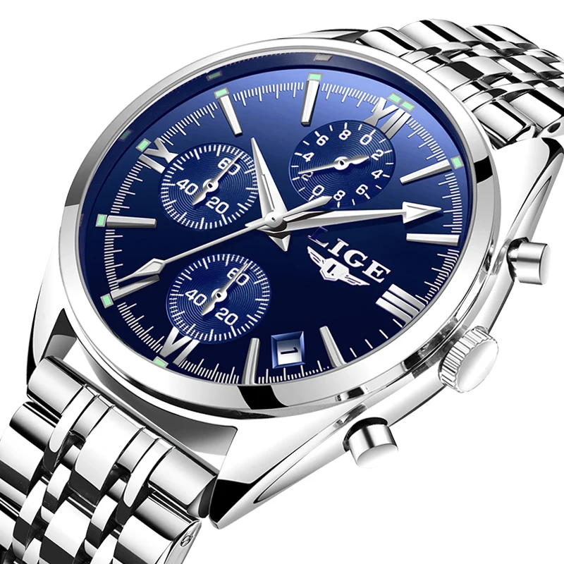 

LIGE Top luxury brand quartz watches mens waterproof fashion casual sports watch men stainless steel clock Relogio Masculino+Box