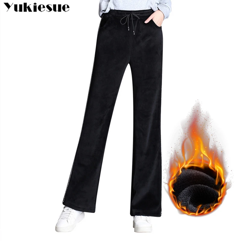 Invierno de 2018 mujeres largo ancho de la pierna de terciopelo pantalones talla grande lana de otoño flare Pantalones Pantalón de terciopelo negro pantalón de velour|Pantalones y pantalones -