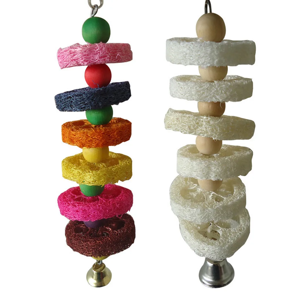 

SaiDeng Bird Parrot Toy with Bell Natural Loofah Chewing Bite Hanging Cage Swing Climb Chew Toys @A