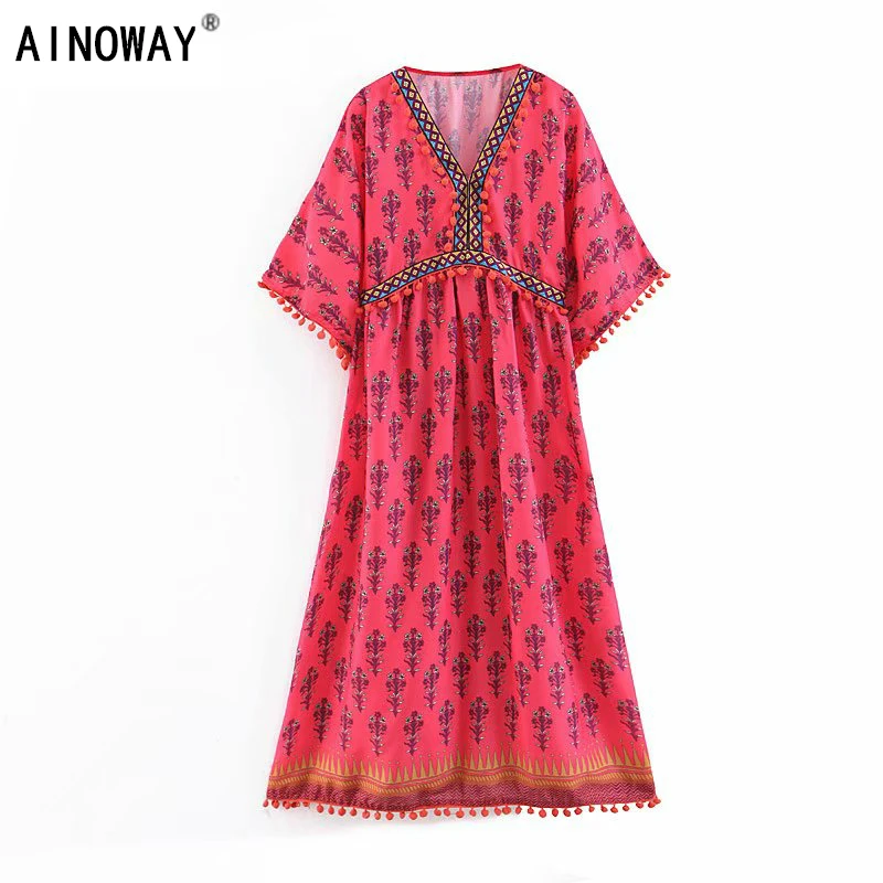 

Vintage chic women floral print batwing sleeve beach Bohemian chiffon dresses Ladies V neck Tassel Summer Boho dress vestidos