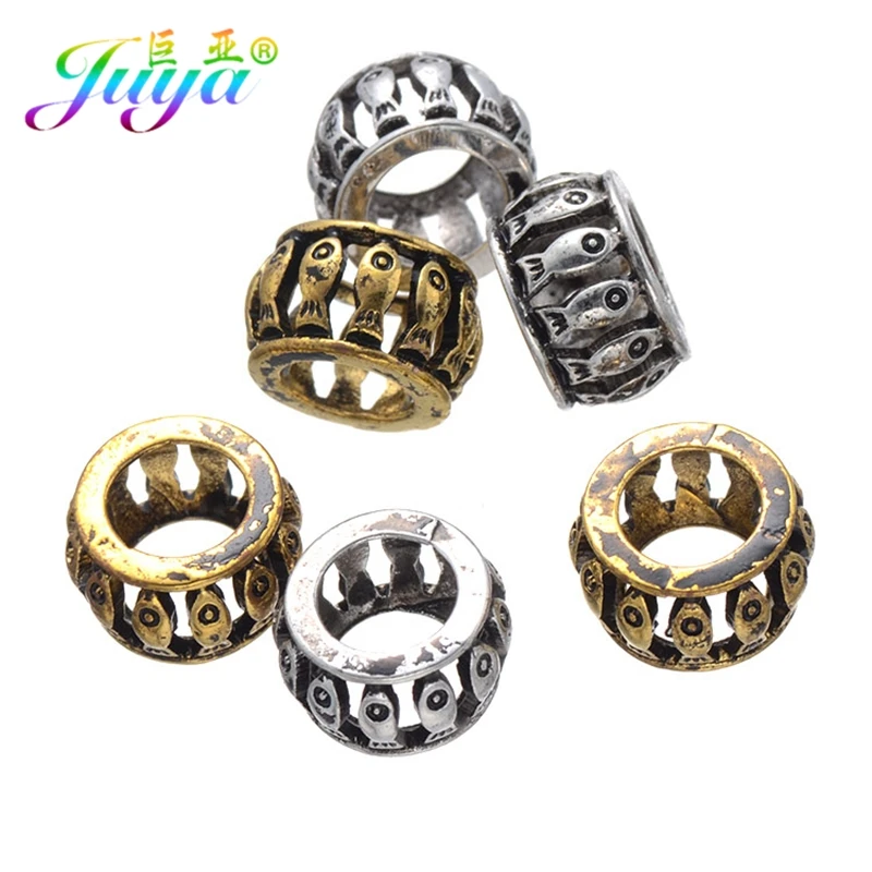 

30pcs/lot Wholesale DIY Metal Beads Floating Antique Silver Gold Fish Pattern Big Hole Charm Beads Accessories