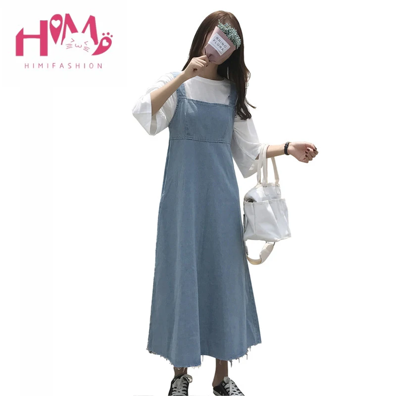 

Women Summer Maxi Denim Dress Plus Size Casual A-Line Long Strap Dress Blue Overall Jumper Loose Strapless Dress Women Clothing