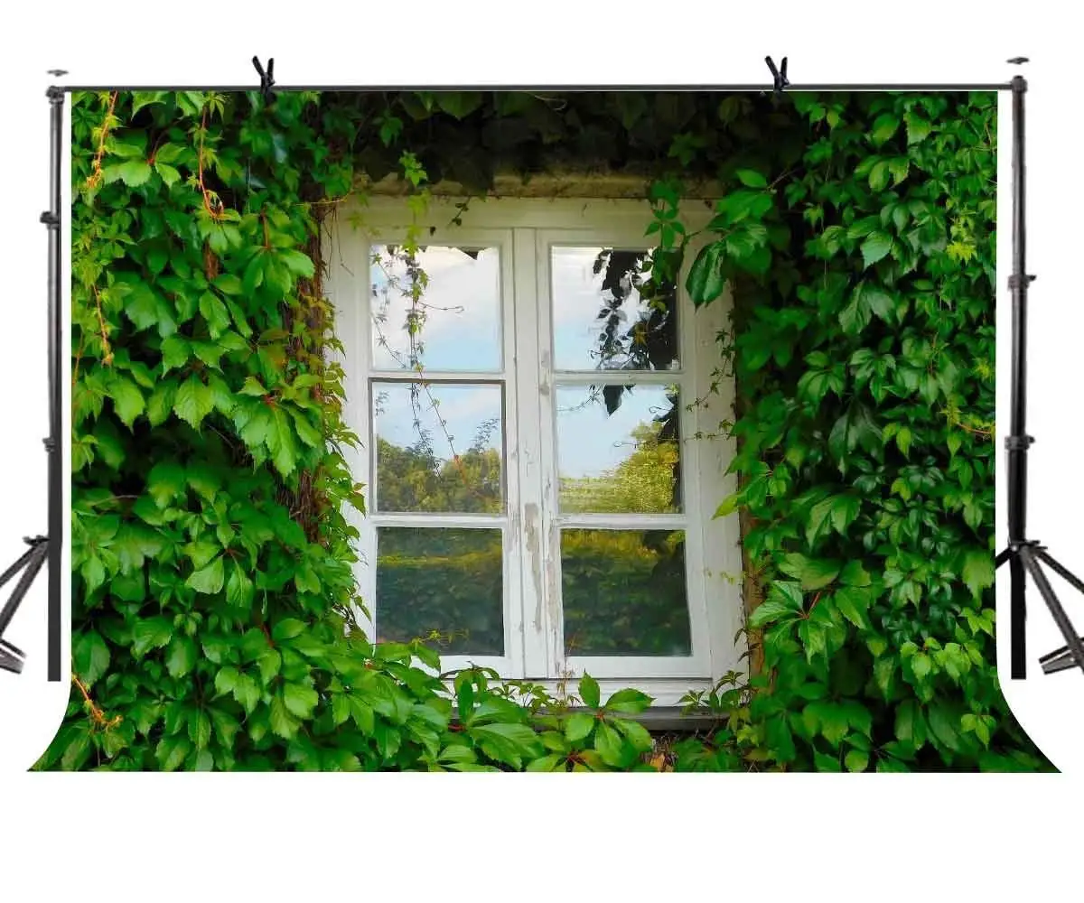 

150x220cm Wooden Window Backdrop Green Vine Vintage Wooden Window Photography Background for Camera Photo Props