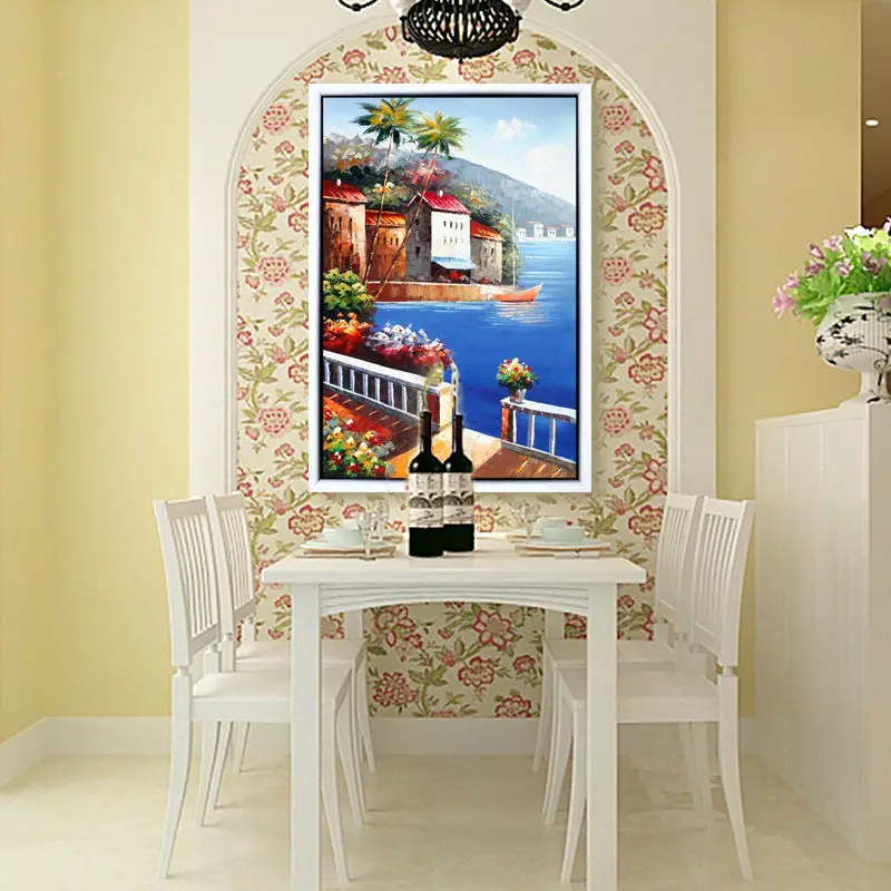 Hand painted oil painting on canvas romantic Mediterranean style seaside town Scenery | Дом и сад