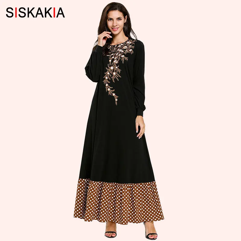 

Siskakia Vintage Ethnic Women Long Dress Arabian Floral Embroidery Maxi Dresses Elegant Polka Dot Draped Swing Color Block Black