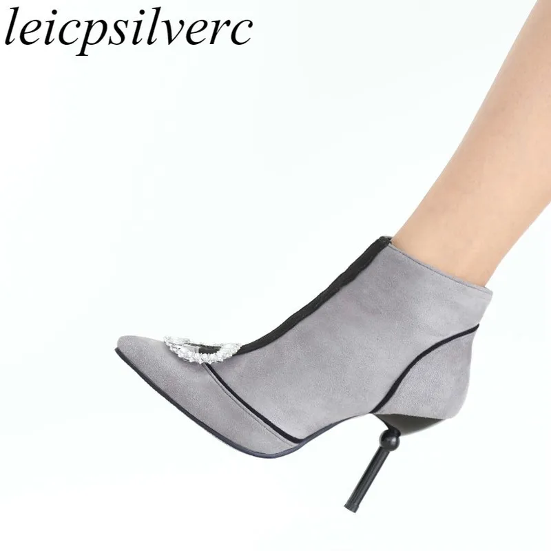

Women Boots Autumn Winter Super High Heel Warm Pointed Toe Zip Crystal Ankle Chelsea 2018 Flock Sexy New Fashion Casual Shoes