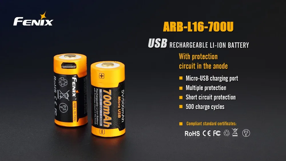 Fenix ARB-L16-700U USB Перезаряжаемый 700mAh литий-ионный аккумулятор 16340 RCR123A