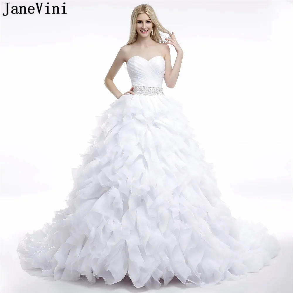 Janevini Di Lusso Abiti Da Sposa Bianco Abito Di Sfera Sweetheart Perline Taffettà Abiti Da Sposa Cascading Ruffle Abito Da Sposa 2018