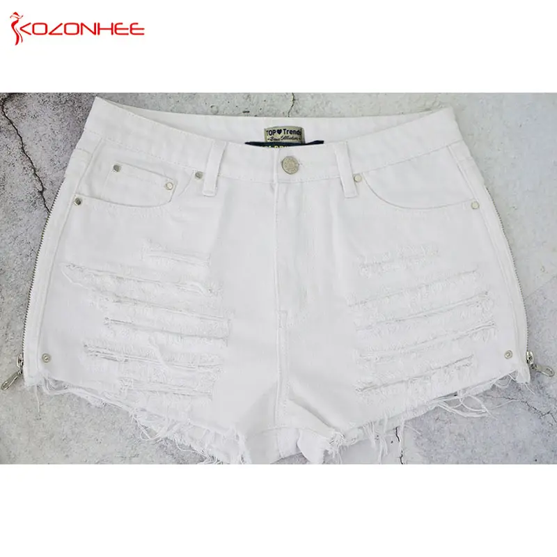 Женские джинсовые шорты с боковой молнией и высокой талией, джинсовые шорты с дырками, женские летние джинсовые шорты#06 - Цвет: Белый