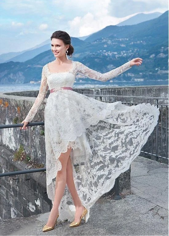 Boho Style Lace Long Sleeves High Low Wedding Dresses Beach 2016