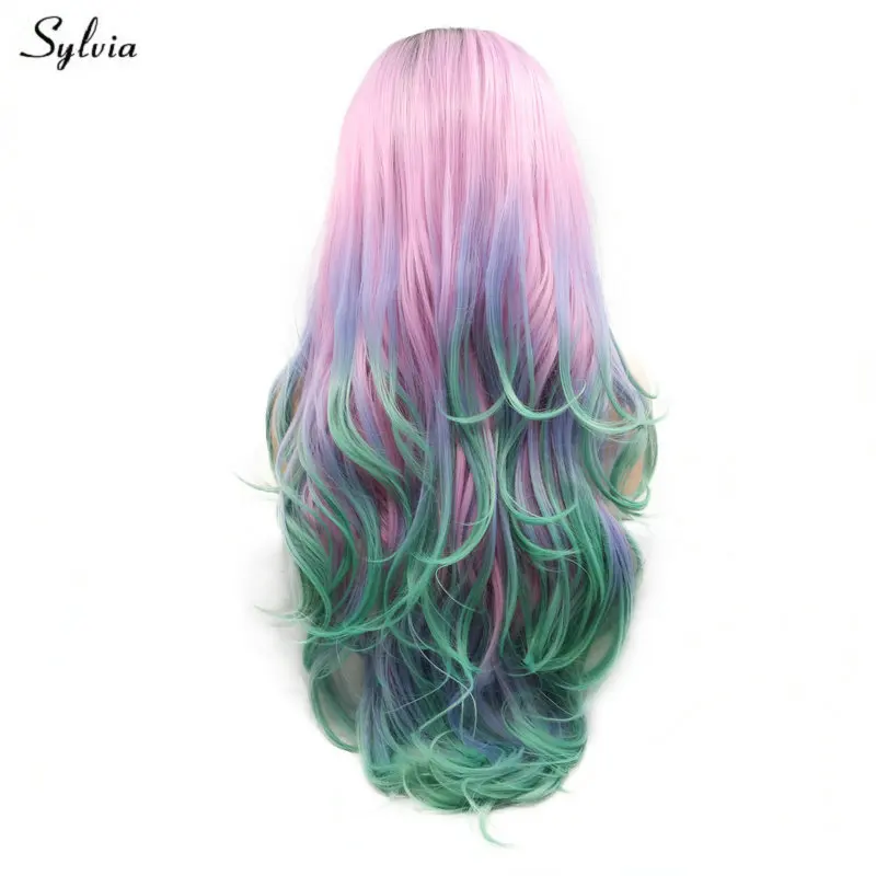 

Sylvia Synthetic Wigs Long Body Wave High Temperature Fiber Wig Colorful Mermaid Dark Roots Ombre Pink Purple Green 4 Tone Wigs