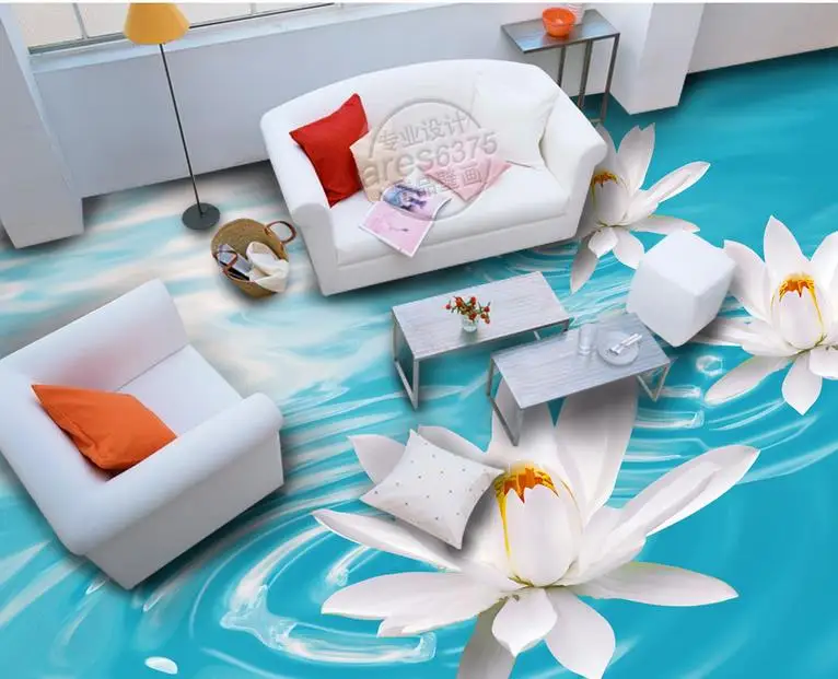 

custom 3d flooring Lotus wallpaper for bathroom vinyl floor tiles self adhesive film 3d flooring waterproof wall paper