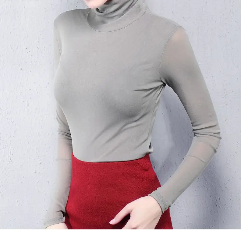 Размер S-4XL, Женская водолазка, тонкая, мягкая, длинный рукав, футболки, женские, сетчатые, элегантные, эластичные, топы, футболки для женщин - Цвет: grey